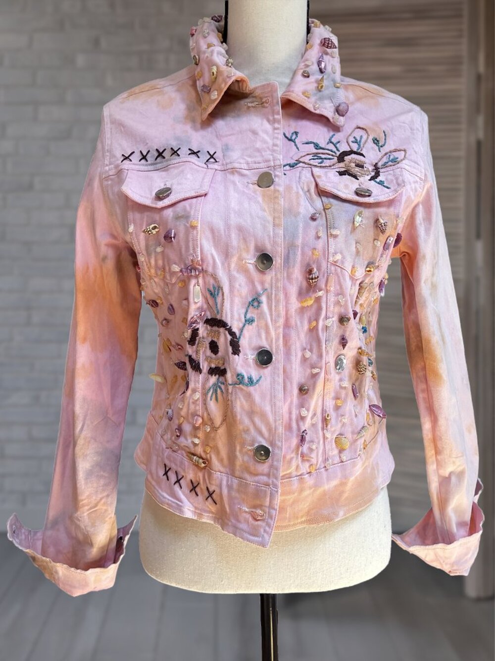 ANTICA Italy Pink Denim Trucker Jacket Seashell Crochet Coastal Boho XS